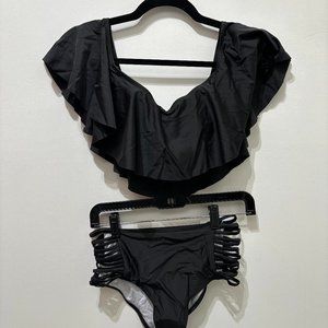 Never Worn Two Piece Ruffle Top Bikini with Bottom Side Cutouts - Black